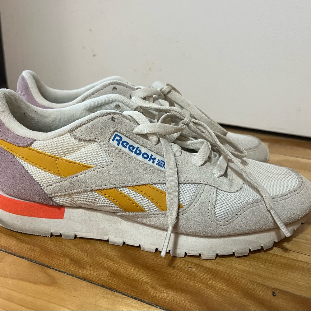 Reebok Women's Beige Mesh Suede Sneakers with Yellow Accents